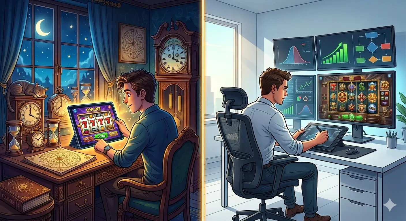 A split-screen digital illustration depicting two different approaches to playing online slots.