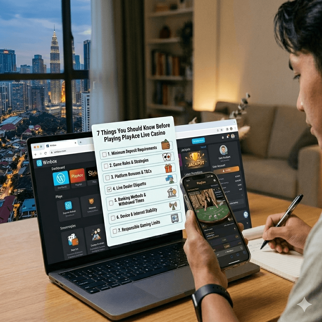 A detailed photo of a man at a wooden desk with a laptop, looking at a floating checklist with 7 essential tips for playing "PlayAce Live Casino," with a smartphone in hand displaying a live poker game and a notepad nearby, set against a stunning Kuala Lumpur skyline at night.