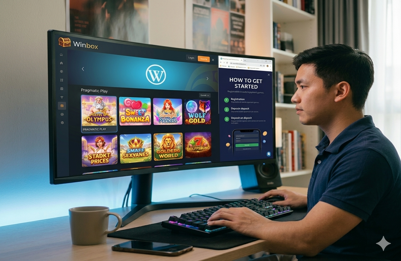 A man sits at a desk in front of a curved ultra-wide monitor displaying the Winbox casino website with various slots and a "HOW TO GET STARTED" section, while he types on a gaming keyboard.